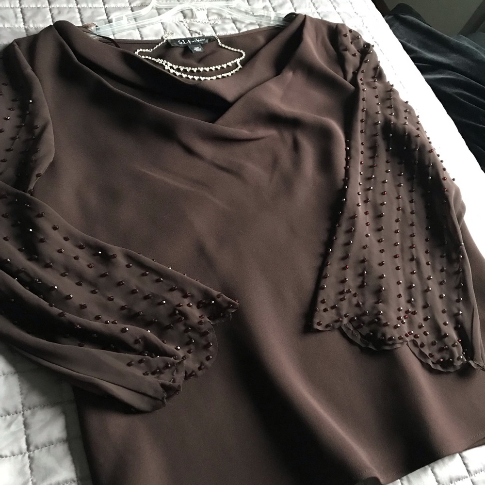 2 pc. chocolate brown dress with beaded sleeves